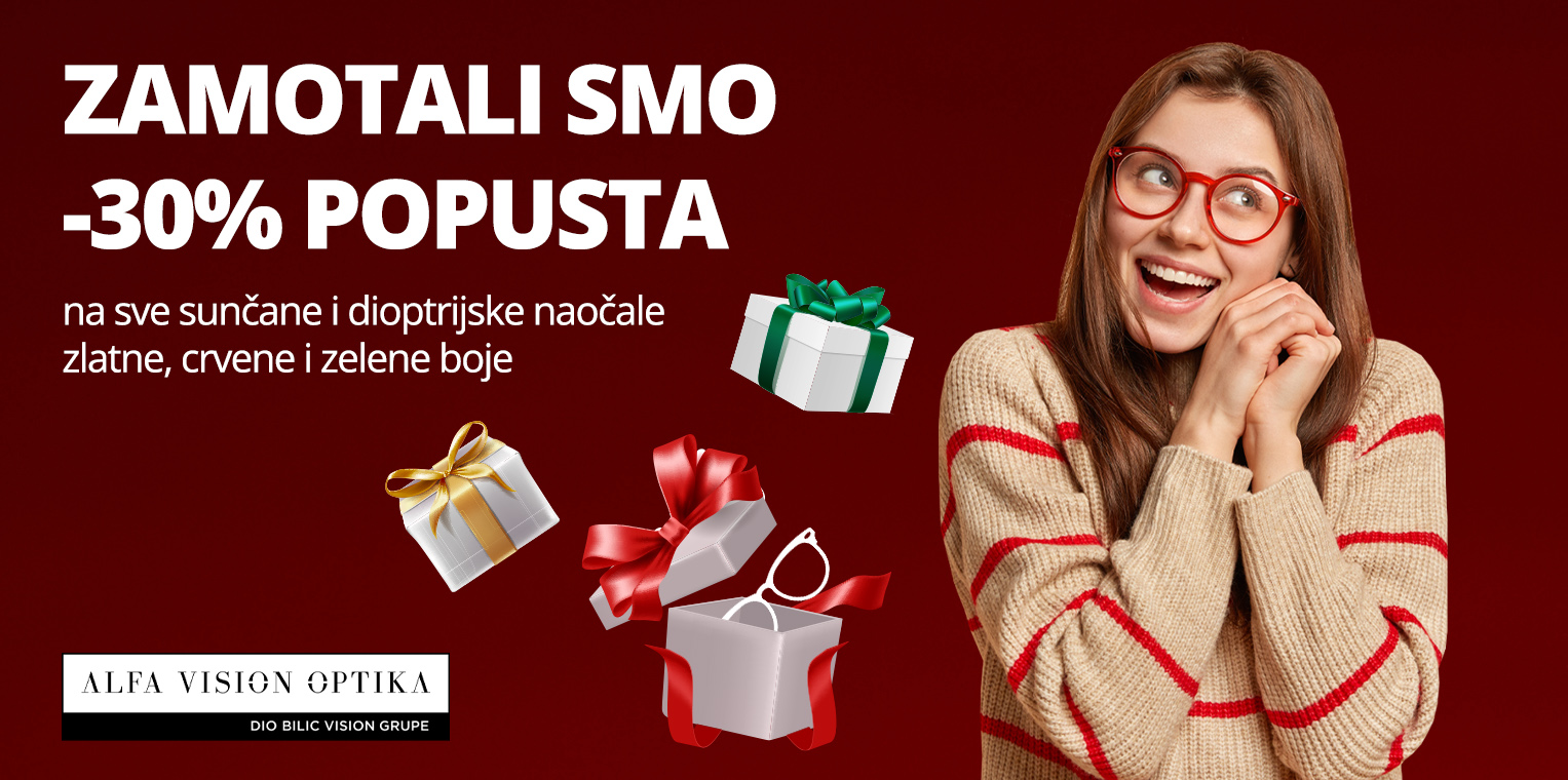 Iskoristi 30% popusta na zelene, crvene i zlatne dioptrijske okvire i sunčane naočale